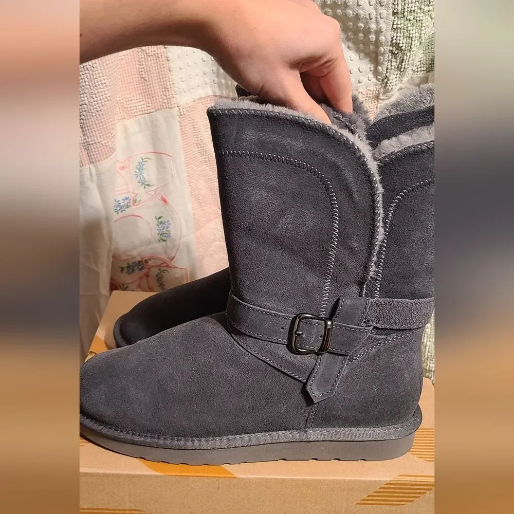NEW LAMO UGG Like Gray Suede Shearling Sheepskin Buckle Boots 10
